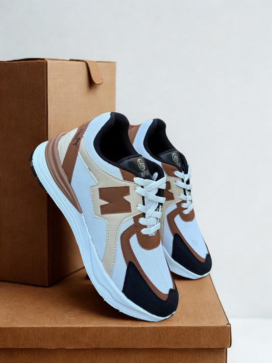 Men's Retro Style Athletic Sneakers – White, Tan & Black