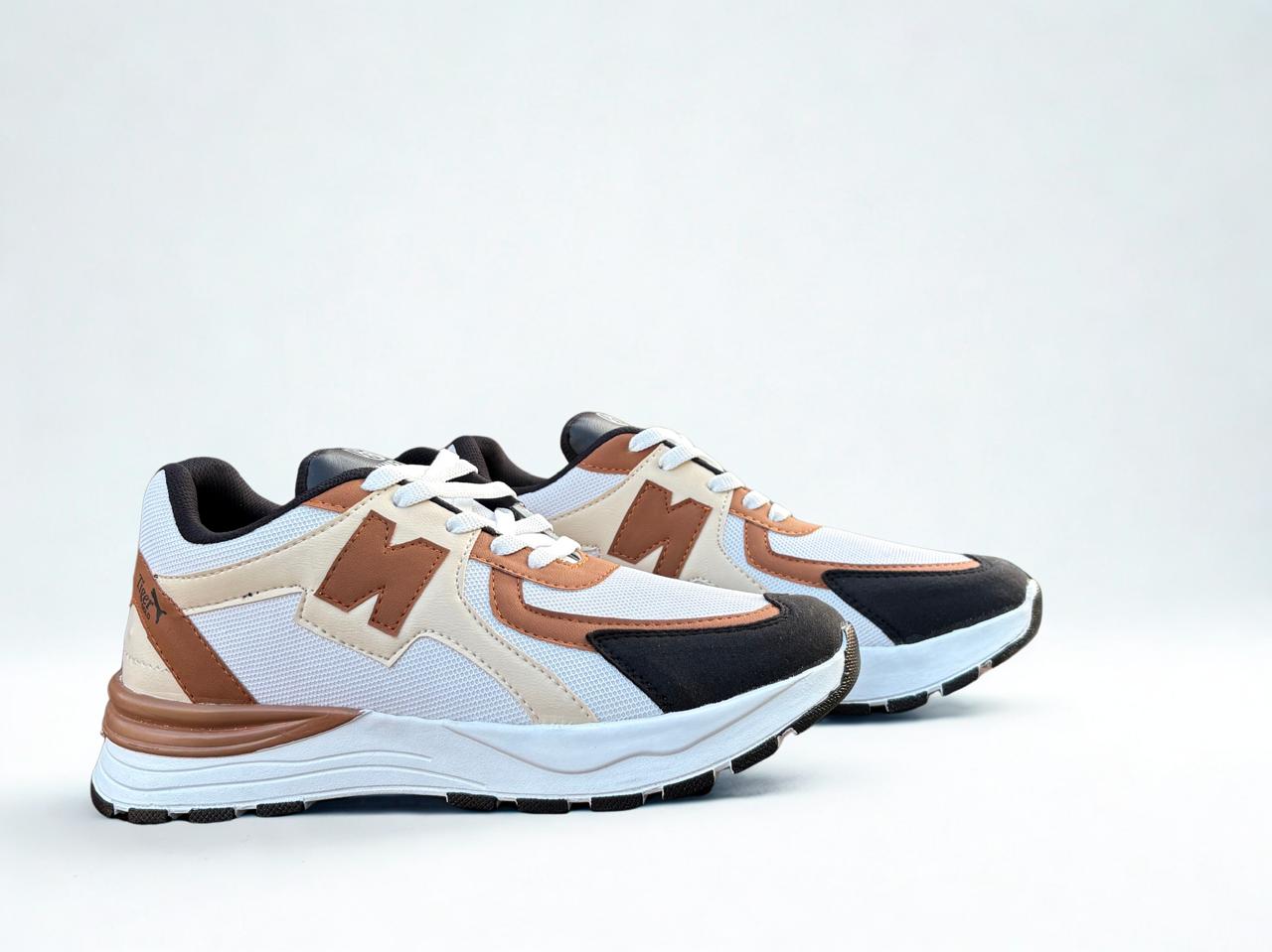 Men's Retro Style Athletic Sneakers – White, Tan & Black